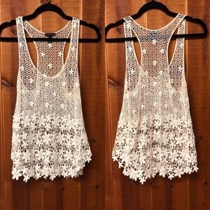 Vintage Y2K Floral Crochet Open Knit Ivory Tank Top / Swim Cover Up L